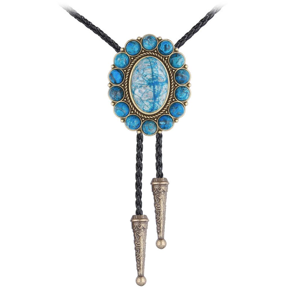 2349 Bolo Tie Natural Blue Stone Big Bolo Tie Western Cowboy Leather